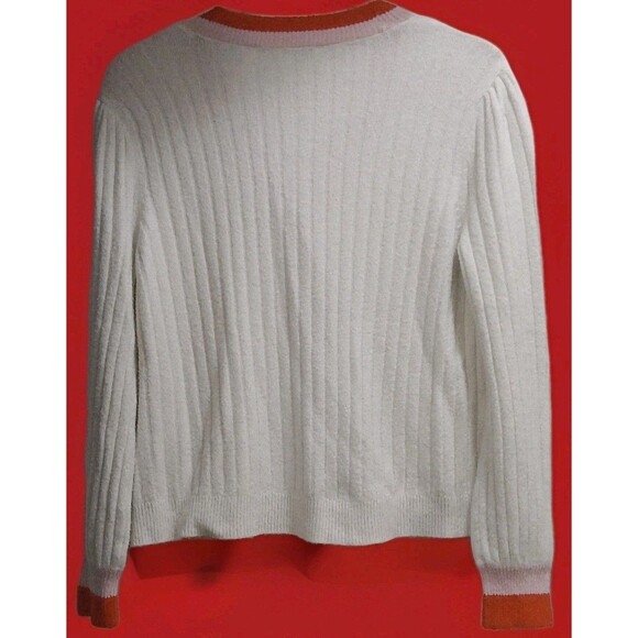 Y2K Preppy Cardigan Sweater LOFT Women’s L White Red Trim Ribbed Knit - Picture 5 of 7